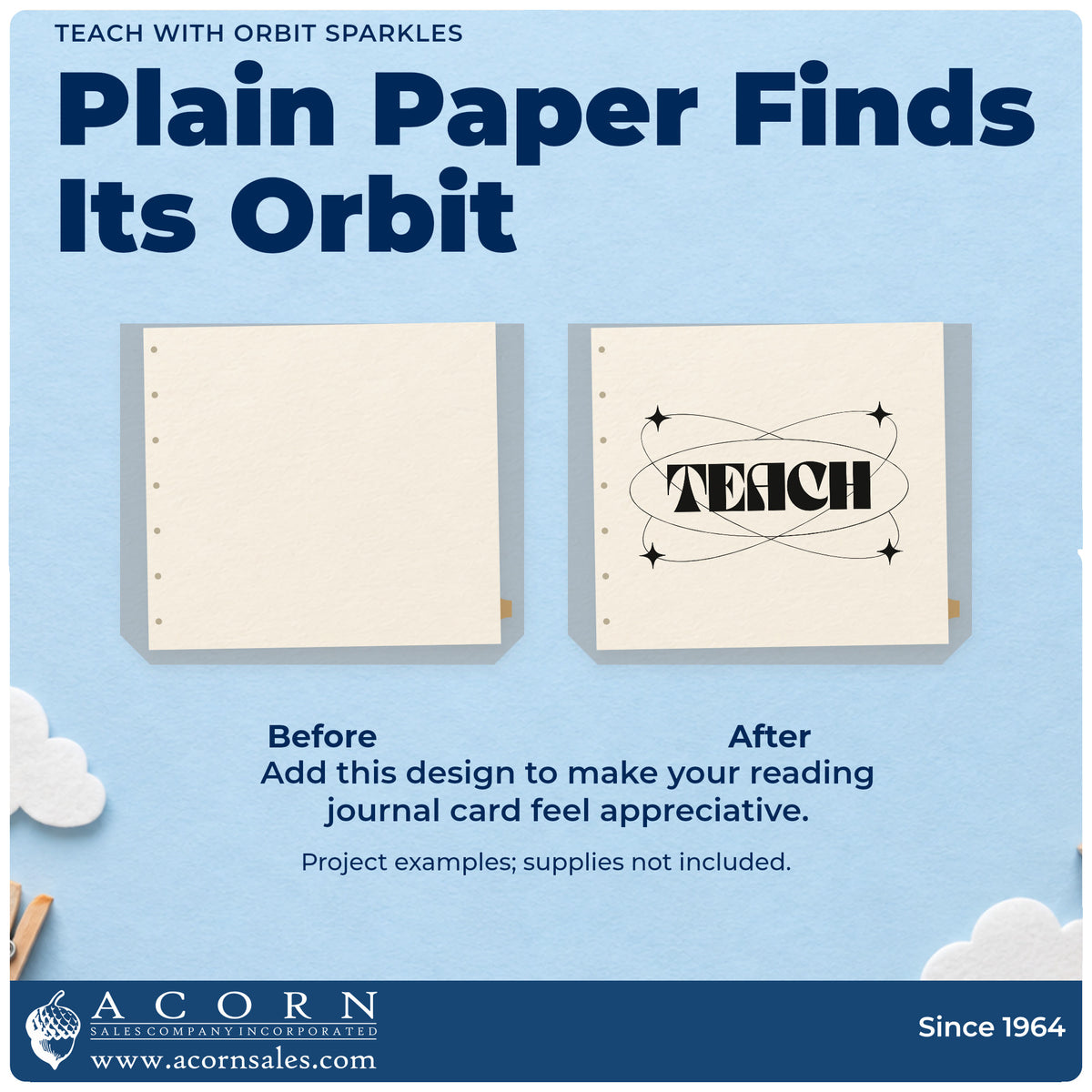 Before and after of a plain item finished with the Teach With Orbit Sparkles Compact Pre-Inked Stamp – Slim, a quick upgrade for data folder seals.