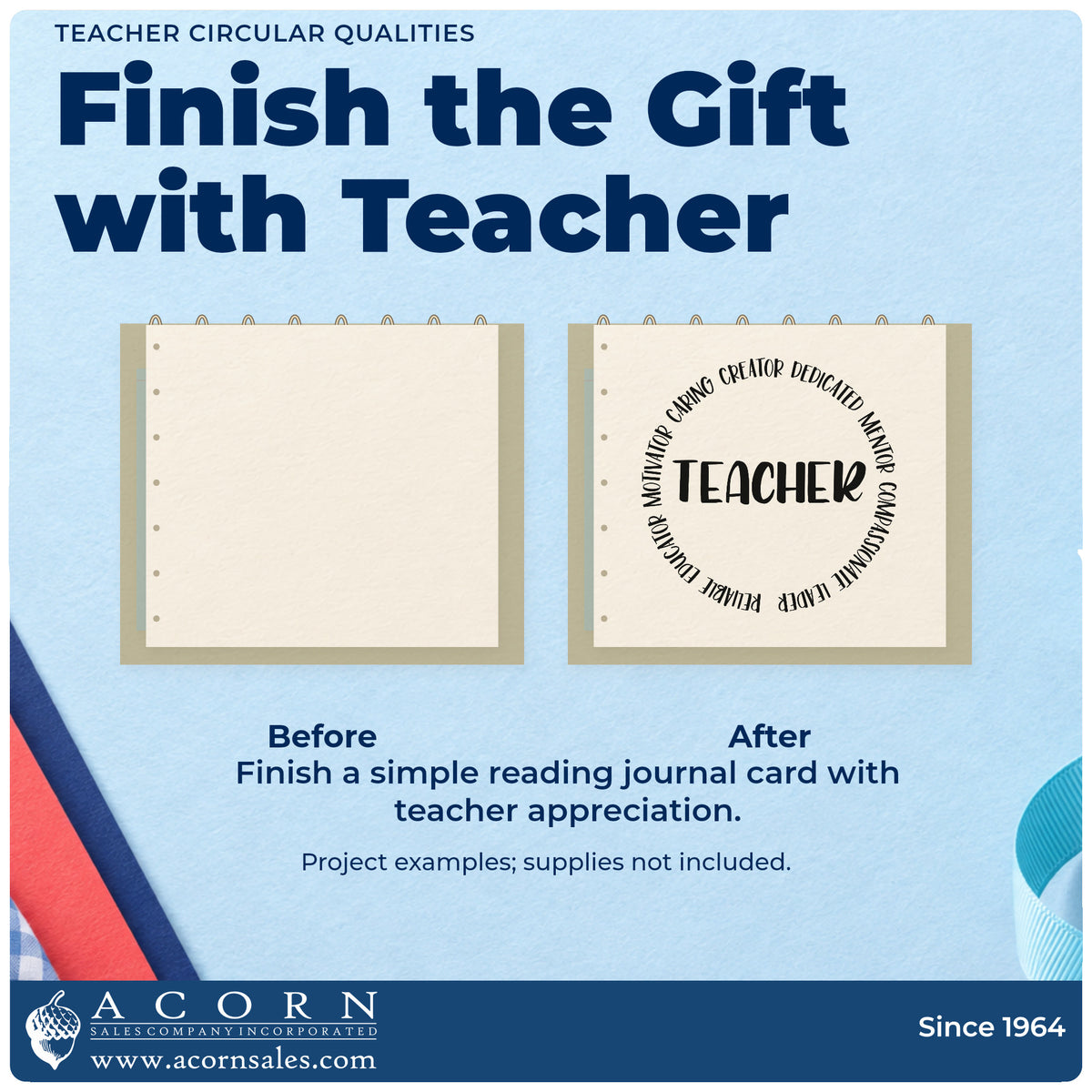 Before and after of a plain item finished with the Teacher Circular Qualities Stamp – Premium Vintage Pro Wooden, a quick upgrade for handbook seals.