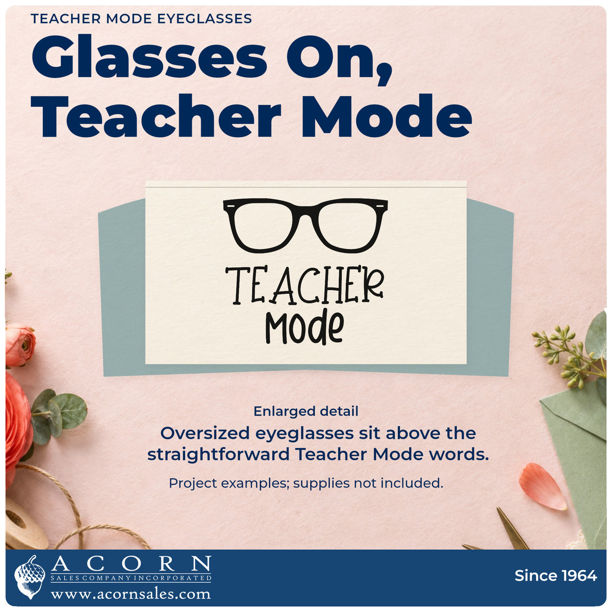 Enlarged detail of the Teacher Mode Glasses Lettering Premium Wood-Mounted Stamp – Vintage Pro imprint. A large pair of eyeglasses sits above “Teacher Mode.”