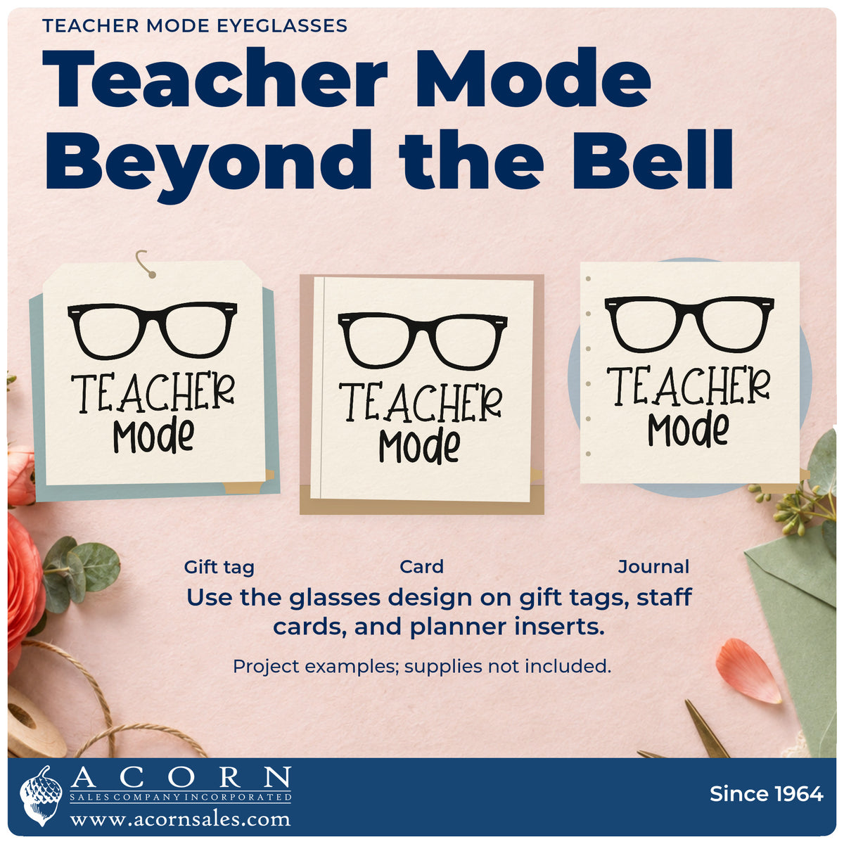 Three project examples made with the Slim Pre-Inked Teacher Mode Glasses Lettering Stamp, including lens cloth labels.