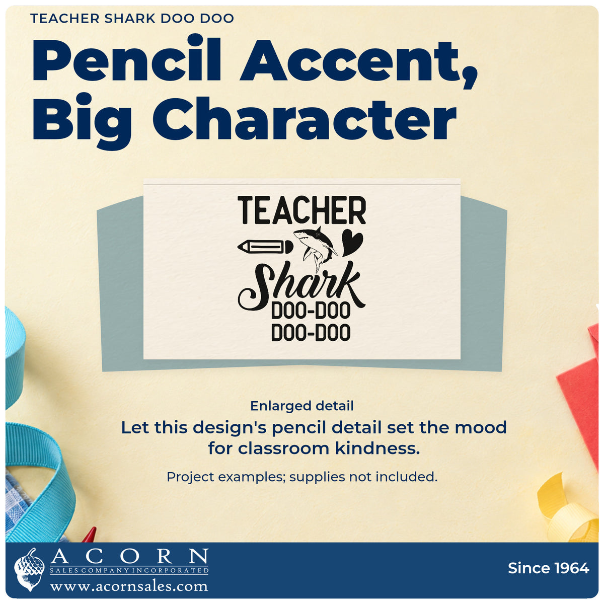 Enlarged detail of the Premium Wooden Teacher Shark Doo-Doo Doo-Doo Pencil Stamp – Vintage Pro imprint. “Teacher Shark Doo-Doo Doo-Doo” appears with a shark, heart, and pencil.