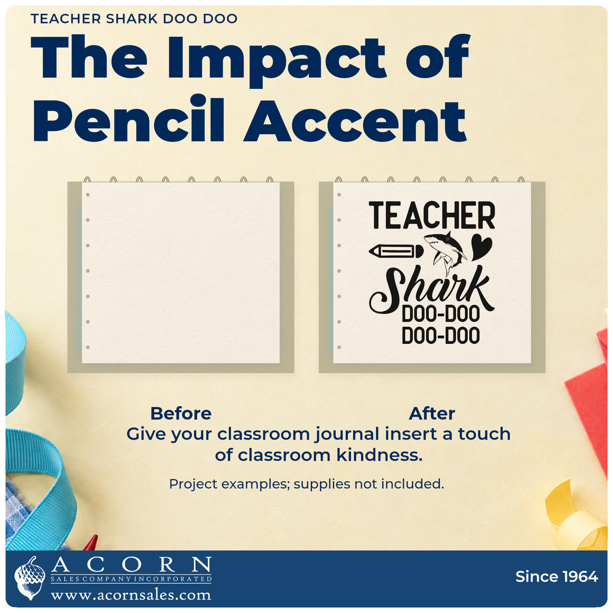 Before and after of a plain item finished with the Teacher Shark Doo-Doo Doo-Doo Pencil PSI Pre-Inked Stamp, a quick upgrade for sea topic seals.