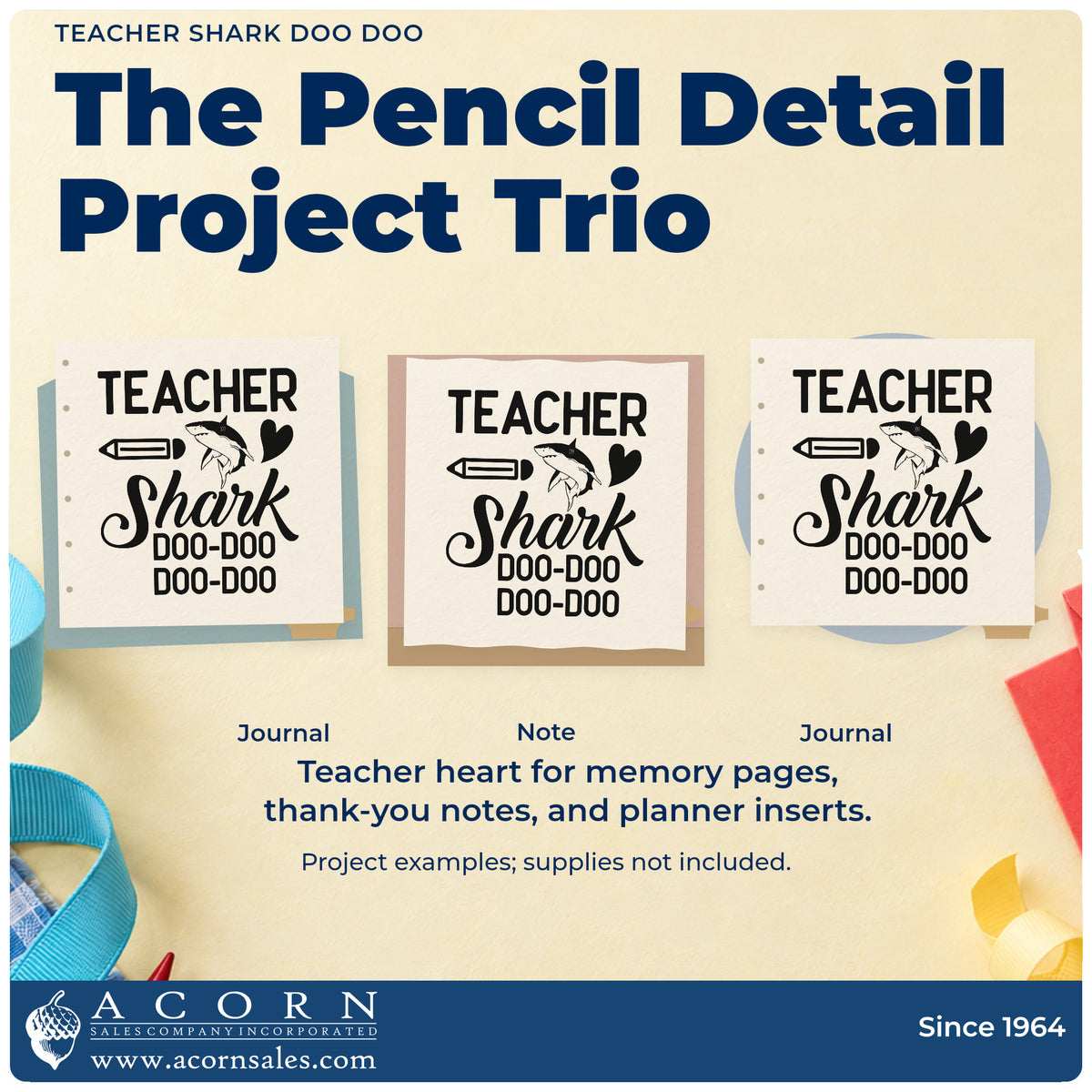 Three project examples made with the Premium Wooden Teacher Shark Doo-Doo Doo-Doo Pencil Stamp – Vintage Pro, including bath toy labels.