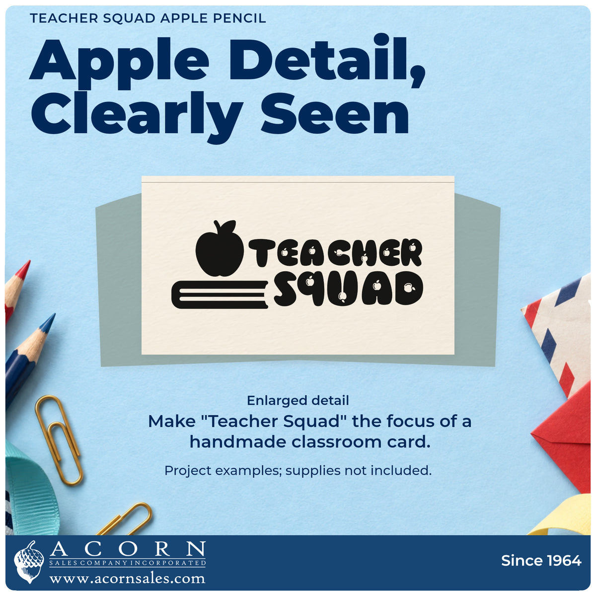 Enlarged detail of the Teacher Squad Apple Pencil Rubber Stamp – Wood Handle imprint. Rounded “Teacher Squad” lettering sits beside an apple above a horizontal pencil.