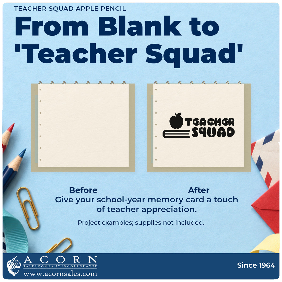 Before and after of a plain item finished with the Teacher Squad Apple Pencil Premium Wooden Stamp – Vintage Pro, a quick upgrade for shared drive seals.