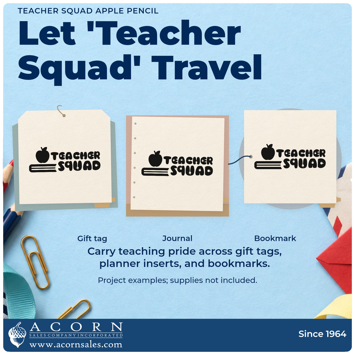 Three project examples made with the Teacher Squad Apple Pencil Rubber Stamp – Wood Handle, including tray stack labels.