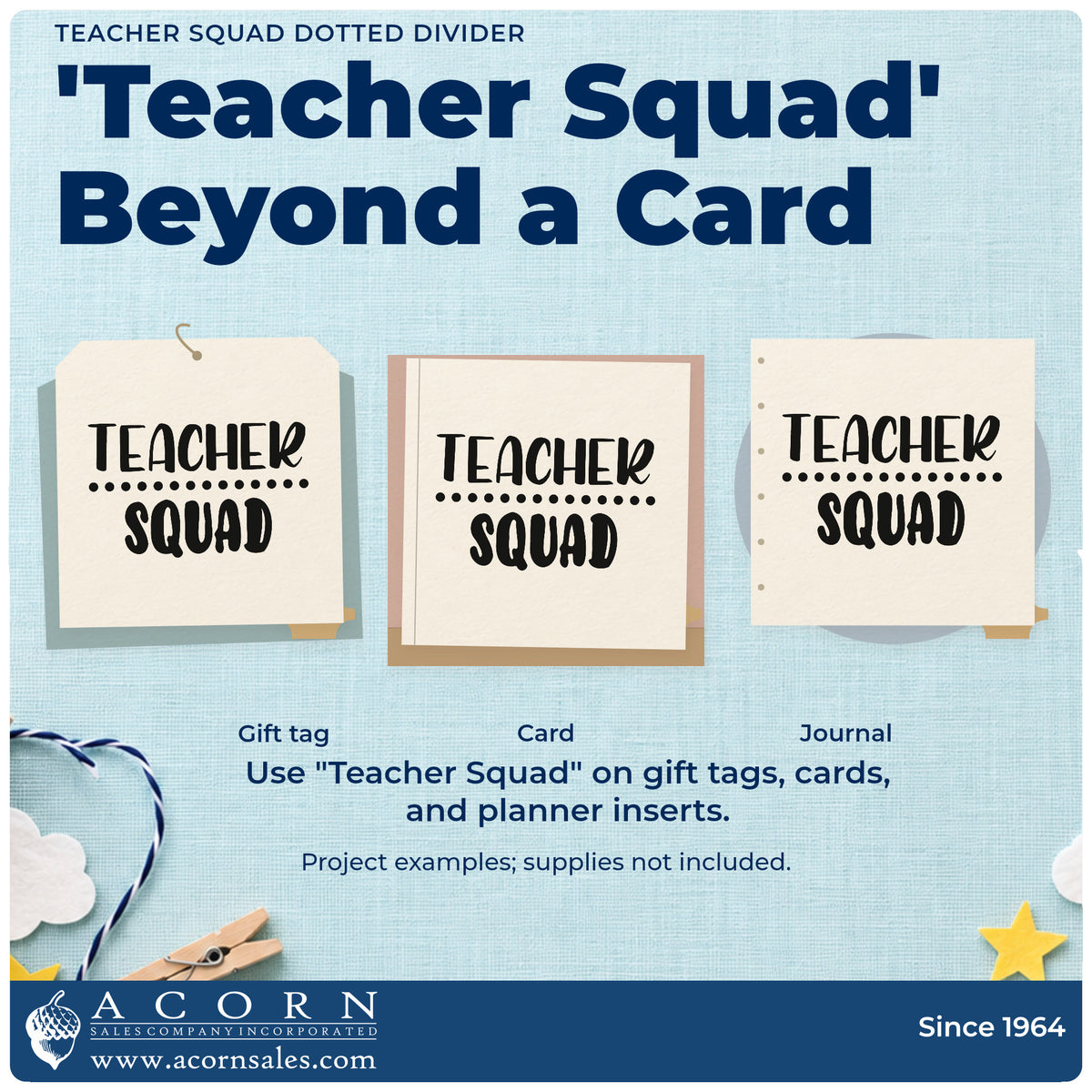 Three project examples made with the Teacher Squad Dotted Divider Rubber Stamp – Duo Hand, including divider tab labels.