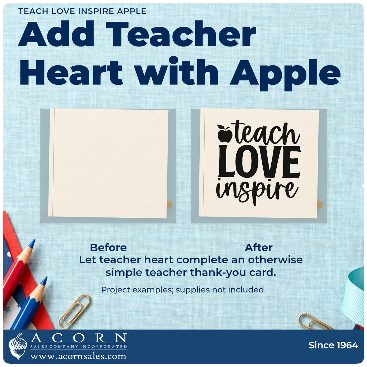 Before and after of a plain item finished with the Duo Hand Teach Love Inspire Apple Rubber Stamp, a quick upgrade for invitation seals.