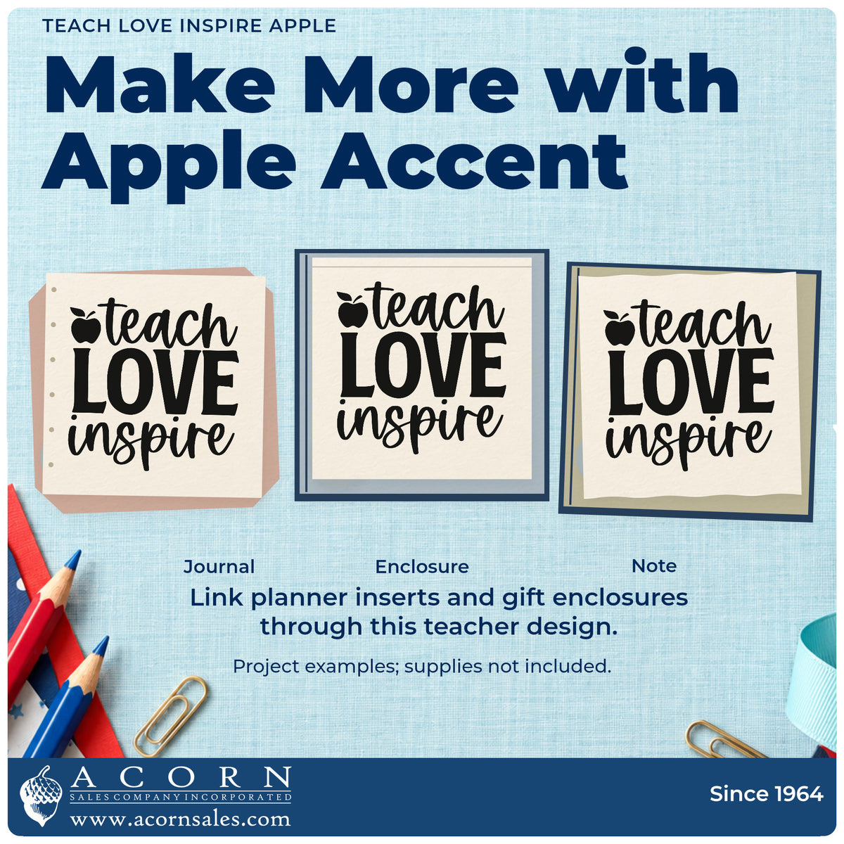 Three project examples made with the Teach Love Inspire Apple Stamp – PSI Pre-Inked, including favor jar labels.