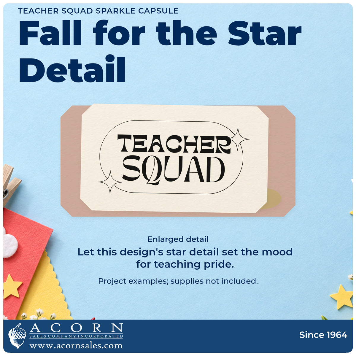 Enlarged detail of the Teacher Squad Sparkle Capsule Outline Detail Hand Stamp – Duo imprint. “Teacher Squad” sits within a rounded capsule outline accented with sparkles.