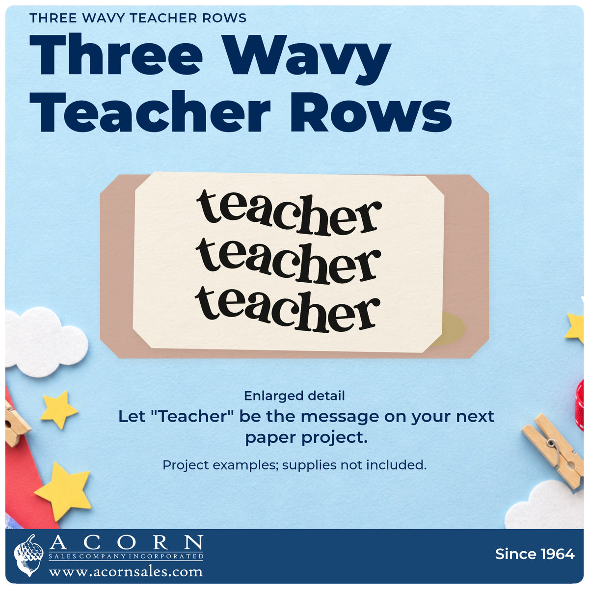 Enlarged detail of the Three Wavy Teacher Rows Slim Pre-Inked Stamp imprint. Three curved rows repeat “Teacher” in bold serif letters.