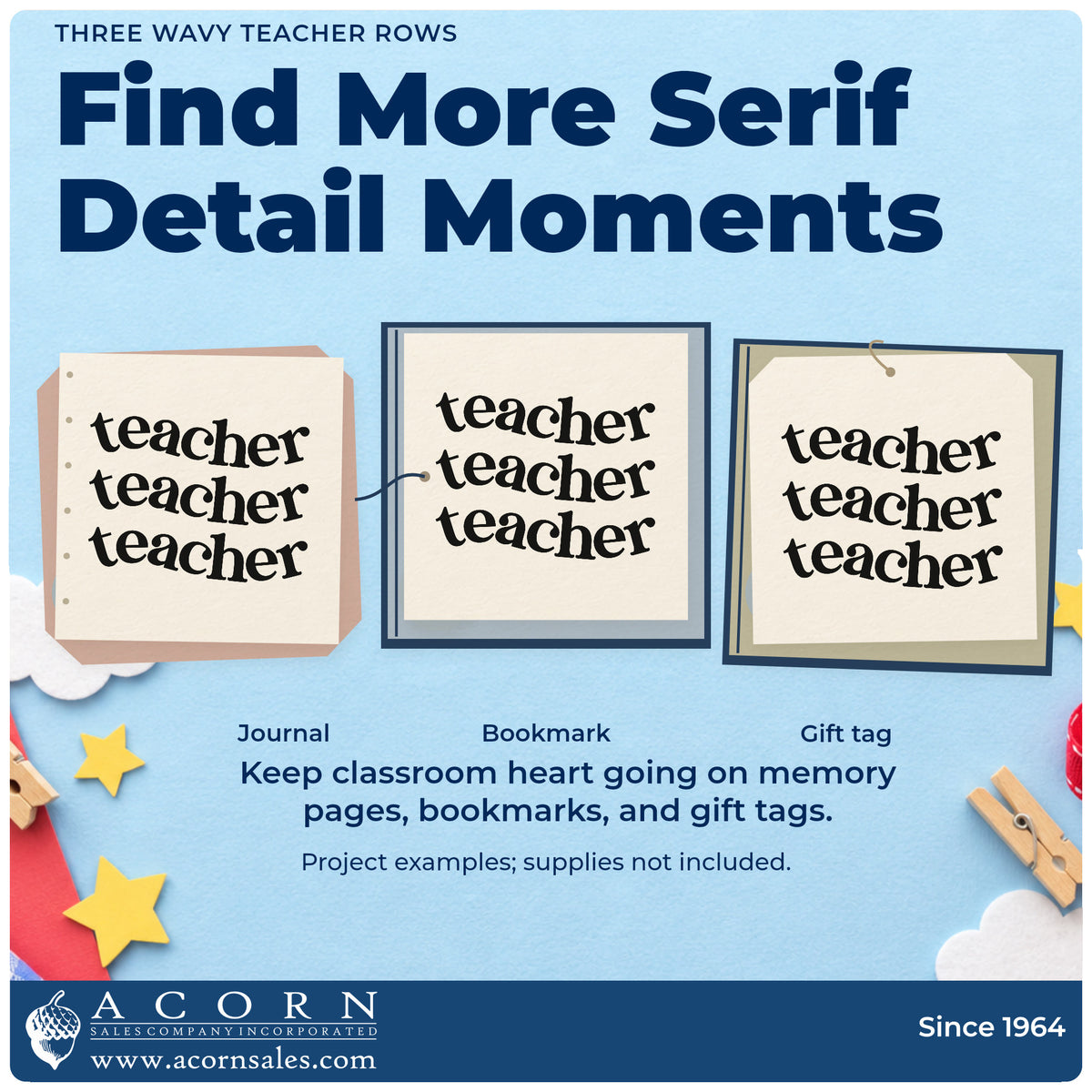 Three project examples made with the Three Wavy Teacher Rows Slim Pre-Inked Stamp, including storage crate labels.