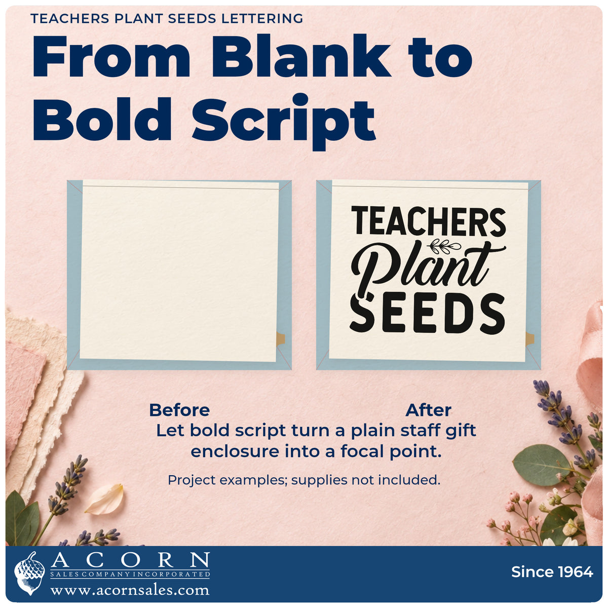 Before and after of a plain item finished with the Teachers Plant Seeds Lettering Premium Wood-Mounted Stamp – Vintage Pro, a quick upgrade for produce bag seals.