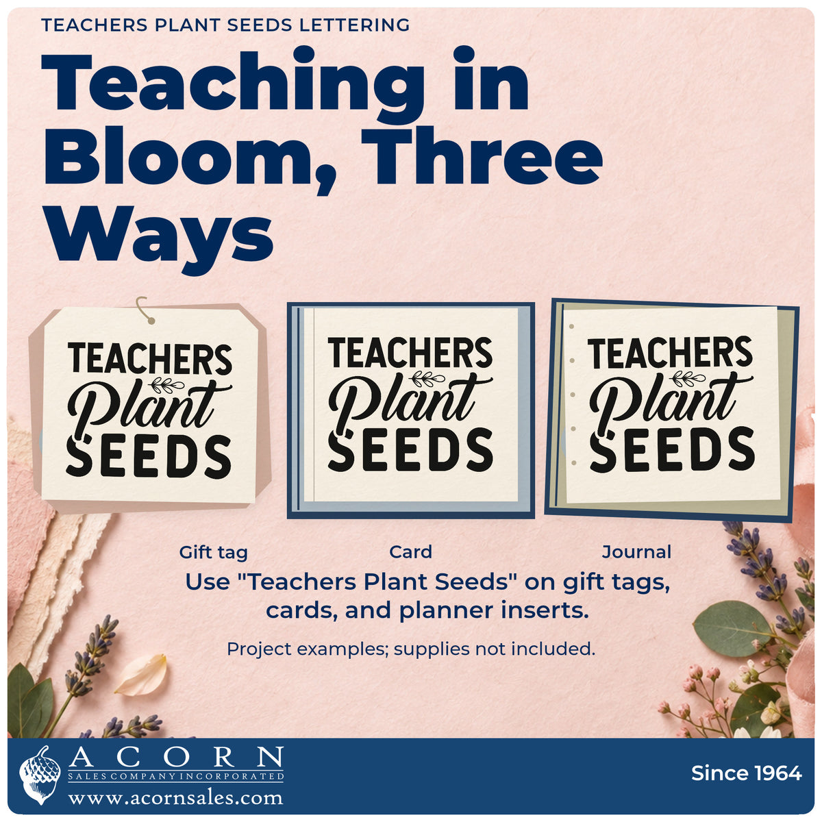 Three project examples made with the Teachers Plant Seeds Lettering Premium Wood-Mounted Stamp – Vintage Pro, including propagator labels.