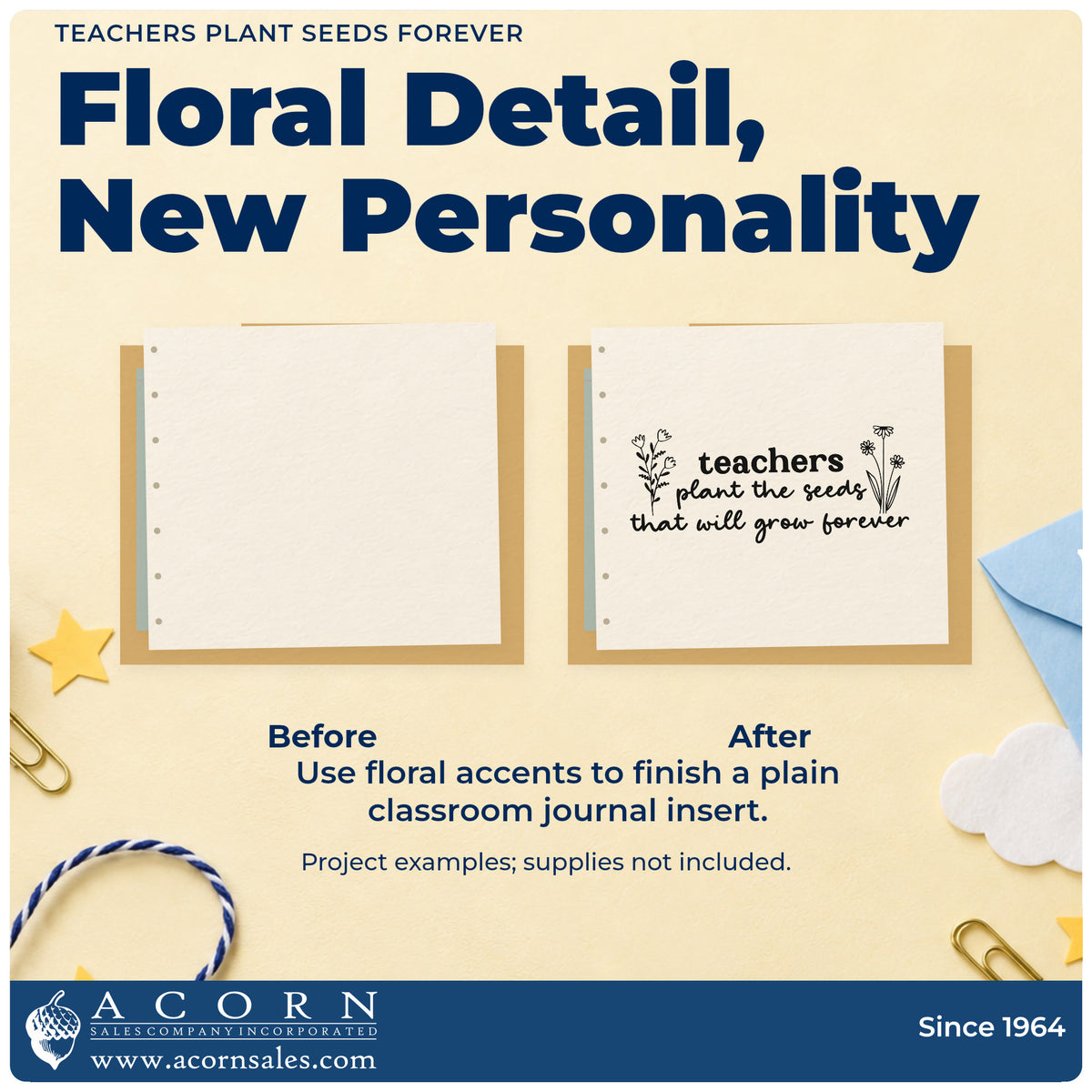 Before and after of a plain item finished with the PSI Pre-Inked Teachers Plant Seeds Forever Stamp, a quick upgrade for legacy gift seals.