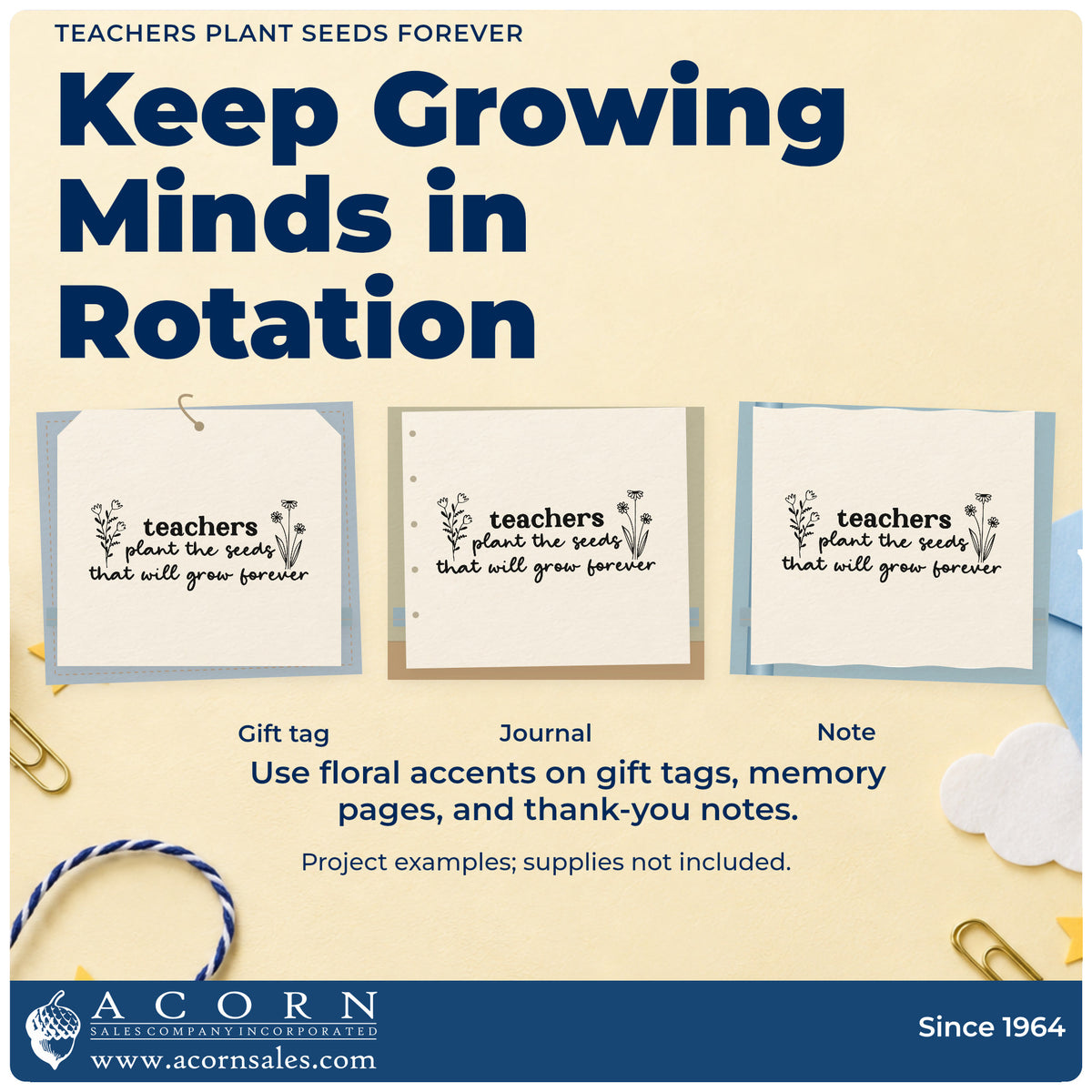 Three project examples made with the Premium Wooden Teachers Plant Seeds Forever Stamp – Vintage Pro, including bulb sack labels.