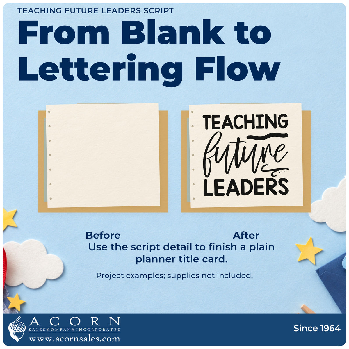 Before and after of a plain item finished with the Teaching Future Leaders Script Premium Wooden Stamp – Vintage Pro, a quick upgrade for council pack seals.