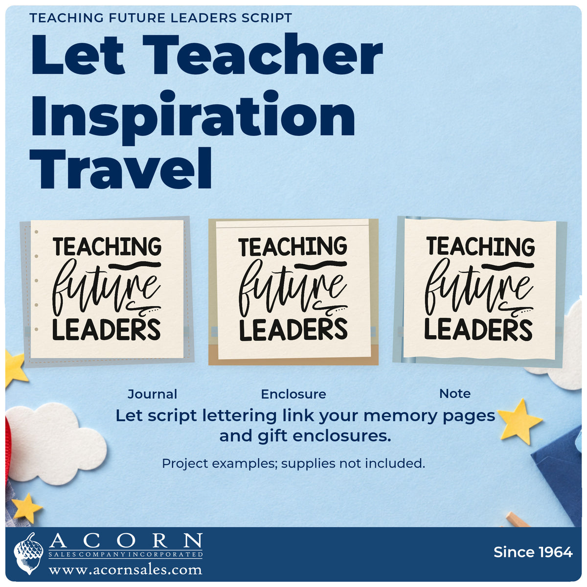 Three project examples made with the Teaching Future Leaders Script Premium Wooden Stamp – Vintage Pro, including office door labels.