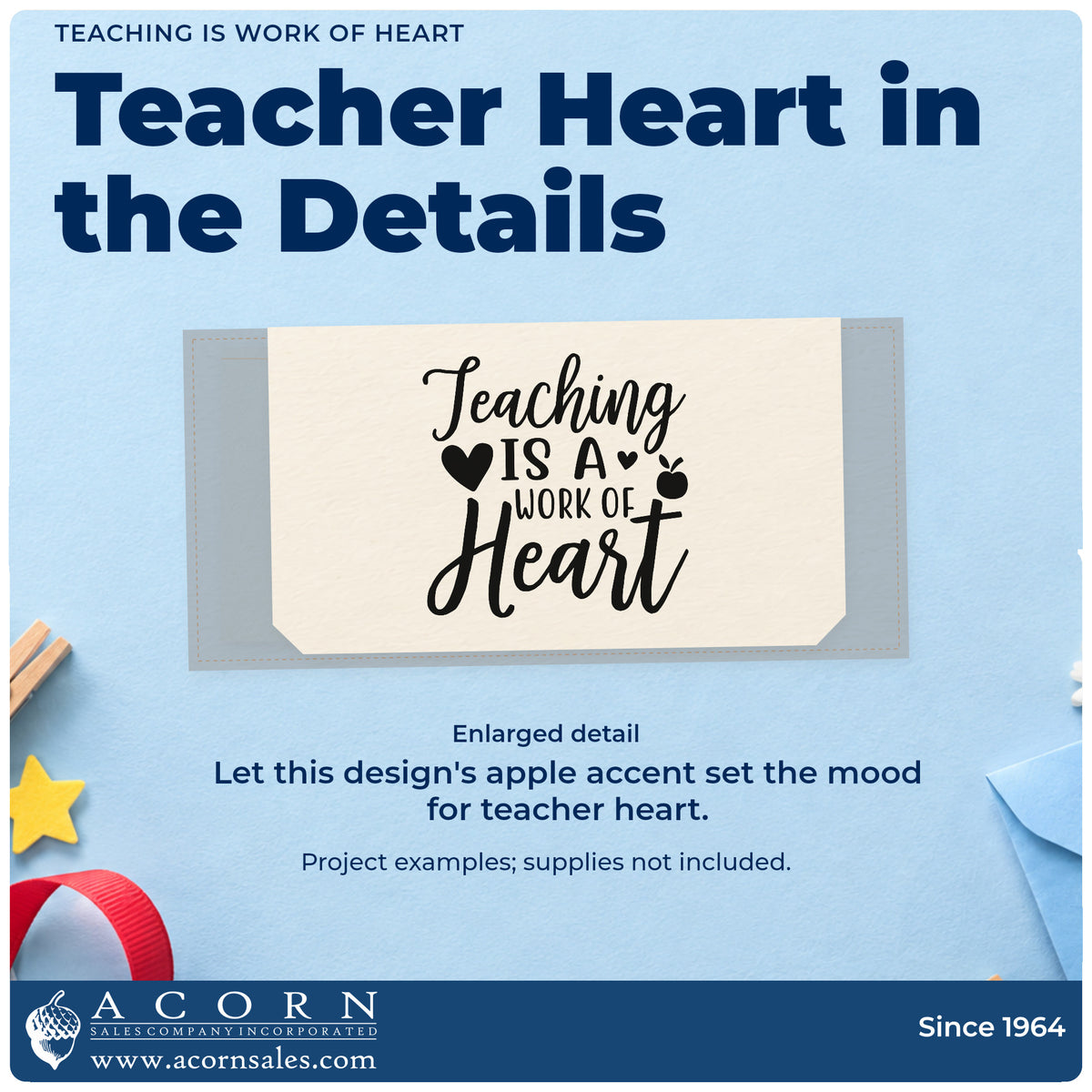 Enlarged detail of the Teaching Is A Work Of Heart Apple Stamp – Premium Vintage Pro Wooden imprint. “Teaching Is a Work of Heart” is decorated with hearts and an apple.