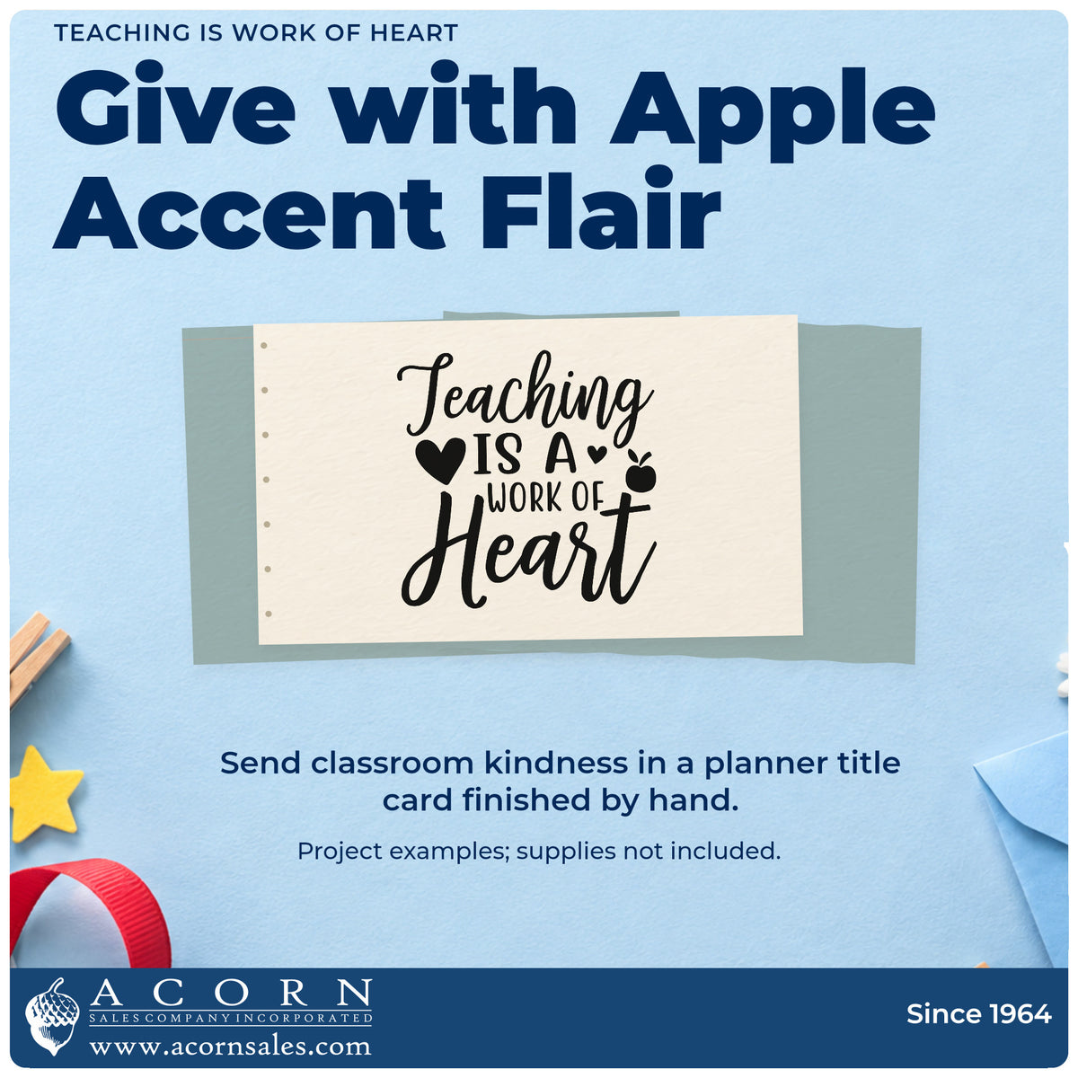 A finished handmade project stamped with the Teaching Is A Work Of Heart Apple Self-Inking Stamp, ideal for gallery show tags.