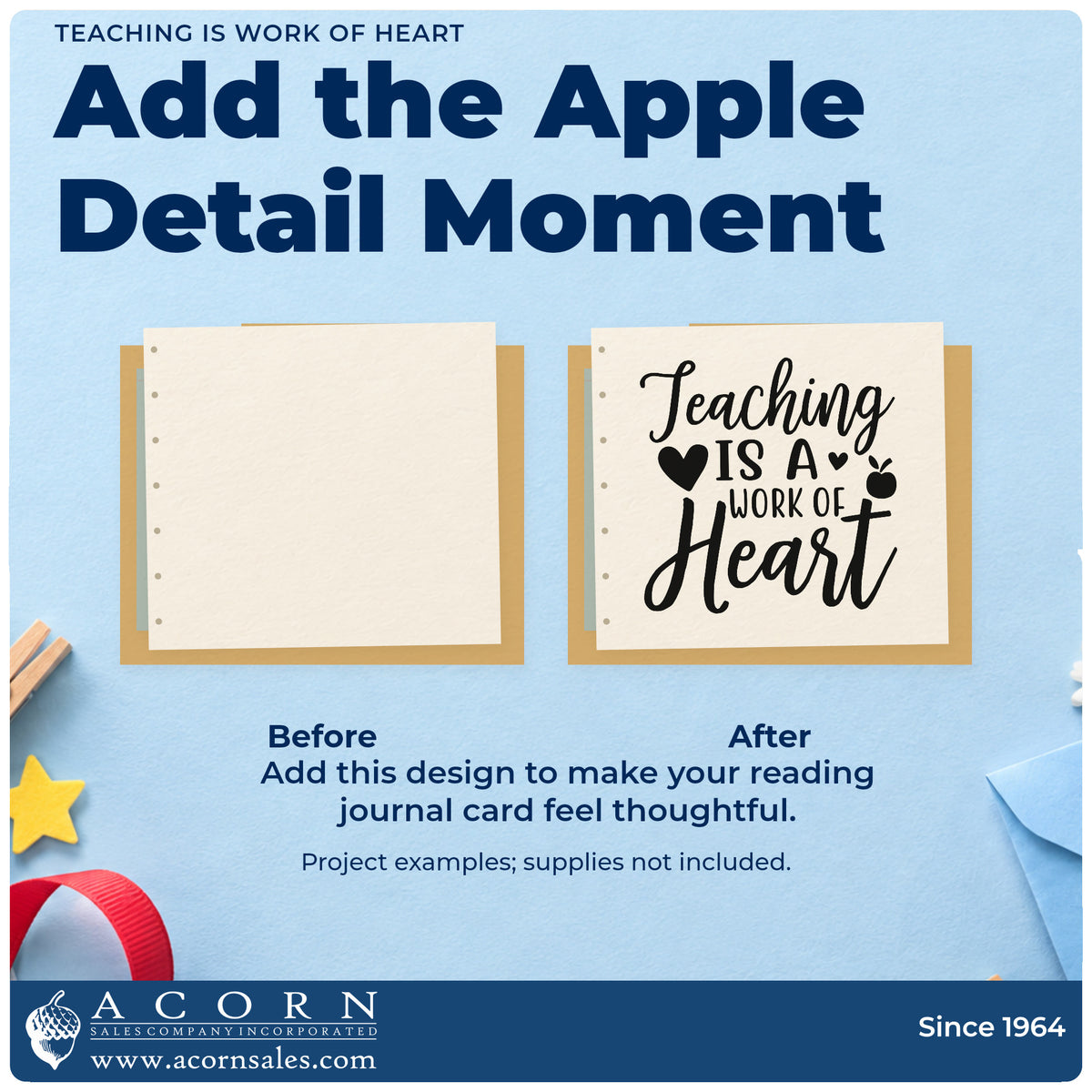 Before and after of a plain item finished with the Teaching Is A Work Of Heart Apple Self-Inking Stamp, a quick upgrade for framing order seals.