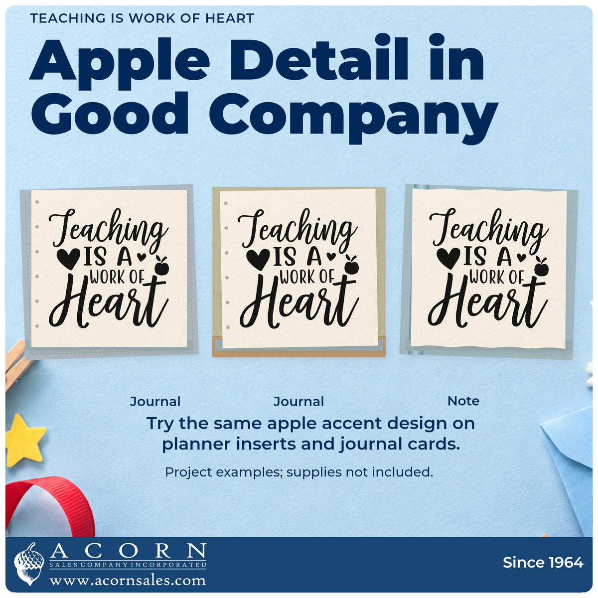 Three project examples made with the Teaching Is A Work Of Heart Apple Self-Inking Stamp, including paint pot labels.