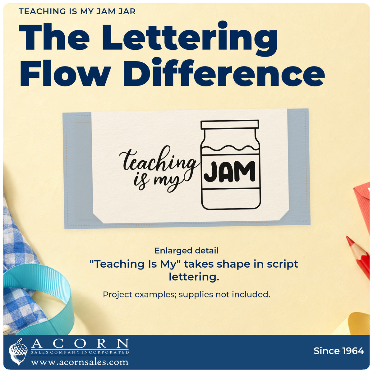 Enlarged detail of the Vintage Pro Teaching Is My Jam Jar Script Lettering Premium Wooden Stamp imprint. Script “Teaching Is My” appears beside a preserve jar labeled “Jam.”