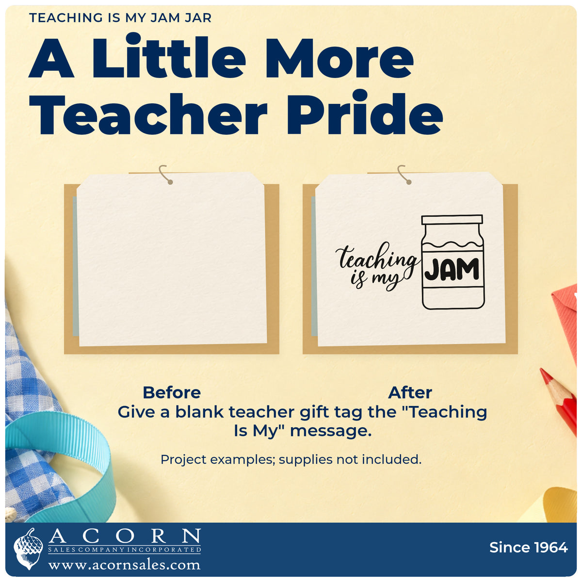 Before and after of a plain item finished with the Vintage Pro Teaching Is My Jam Jar Script Lettering Premium Wooden Stamp, a quick upgrade for hamper box seals.