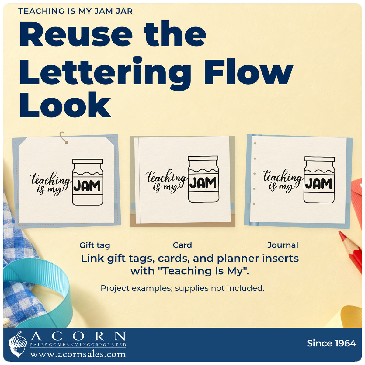 Three project examples made with the Vintage Pro Teaching Is My Jam Jar Script Lettering Premium Wooden Stamp, including lid cover labels.