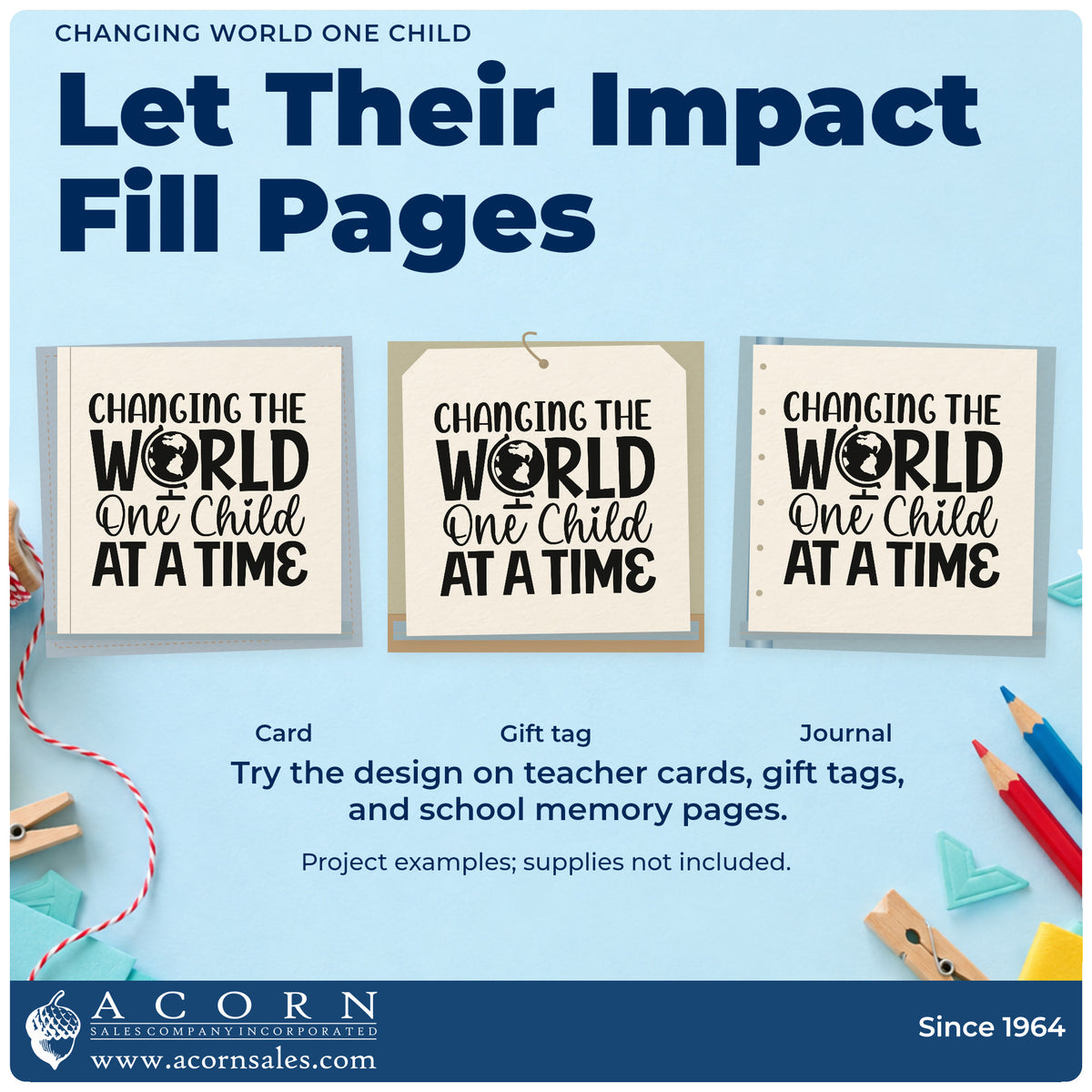 Three project examples made with the Changing The World One Child At A Time Stamp – Self-Inking, including collection tin labels.
