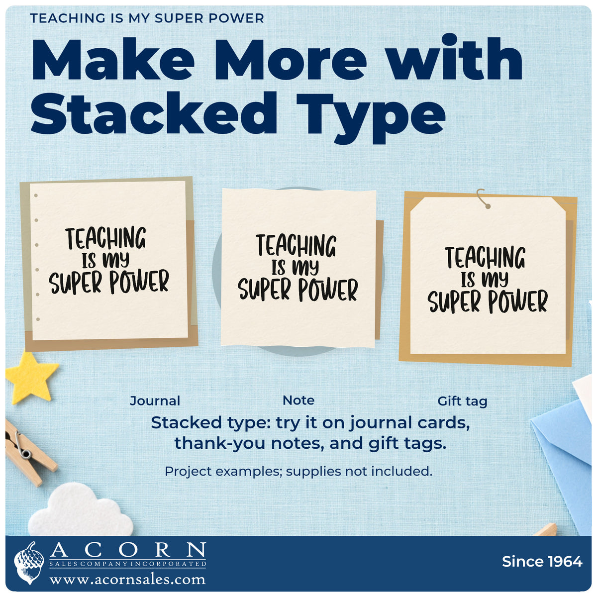 Three project examples made with the Teaching Is My Super Power Premium Wooden Stamp – Vintage Pro, including marker tray labels.