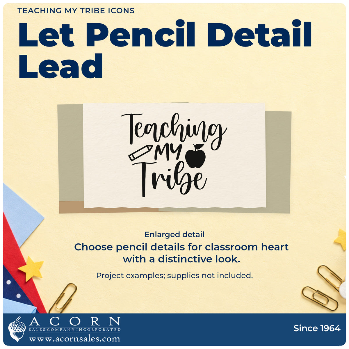 Enlarged detail of the Teaching My Tribe Icons Apple Stamp – Premium Vintage Pro Wooden imprint. “Teaching My Tribe” is accented with a pencil and an apple.
