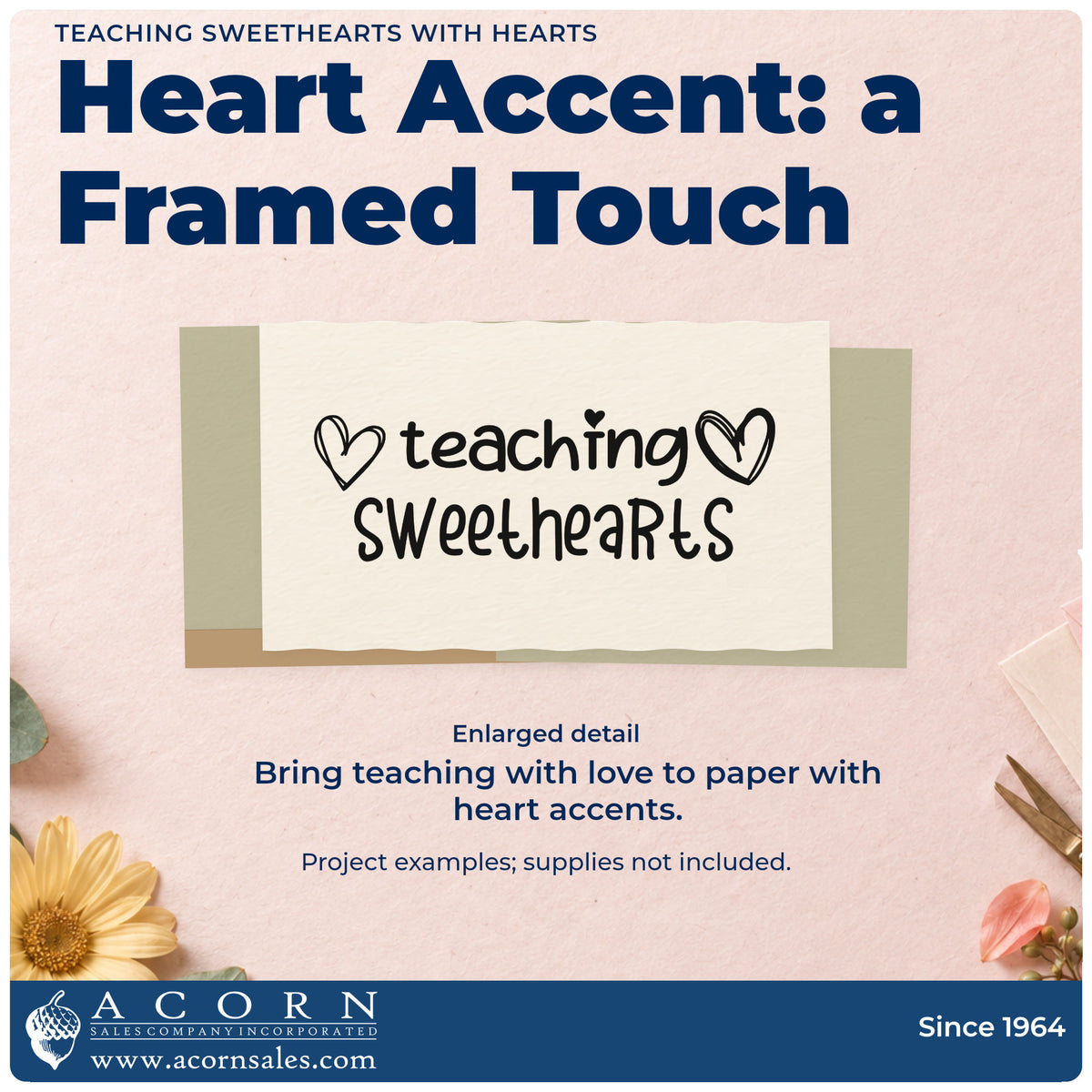 Enlarged detail of the Teaching Sweethearts With Hearts Pre-Inked Stamp – PSI imprint. “Teaching Sweethearts” is framed by sketched hearts.