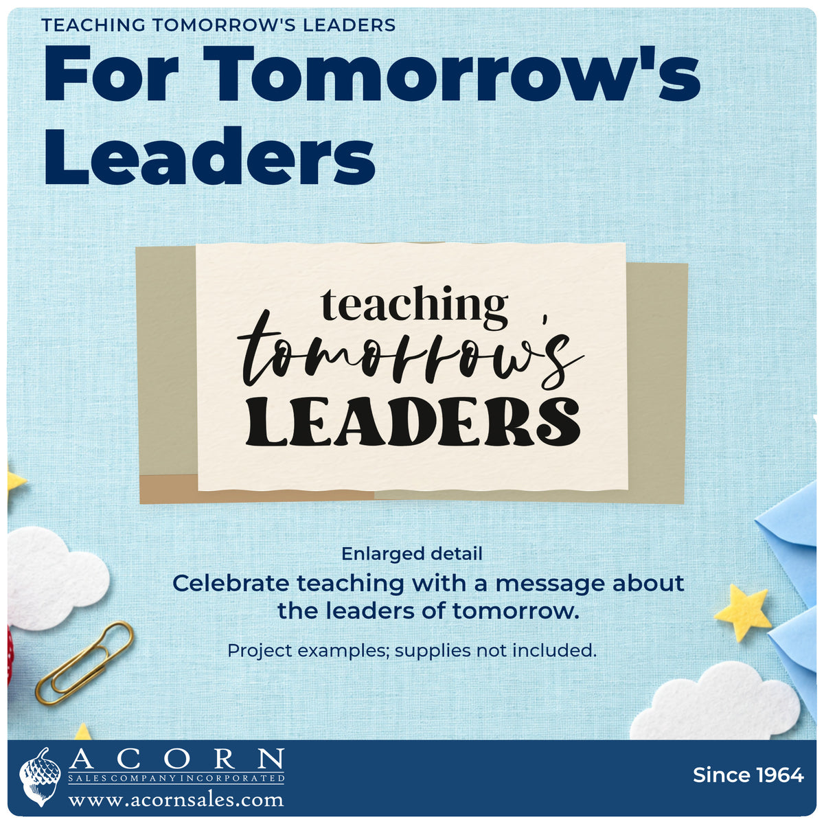 Enlarged detail of the Teaching Tomorrow's Leaders Script Lettering Rubber Stamp – Wood Handle imprint. Three rows read “Teaching Tomorrow's Leaders” with script across the middle.