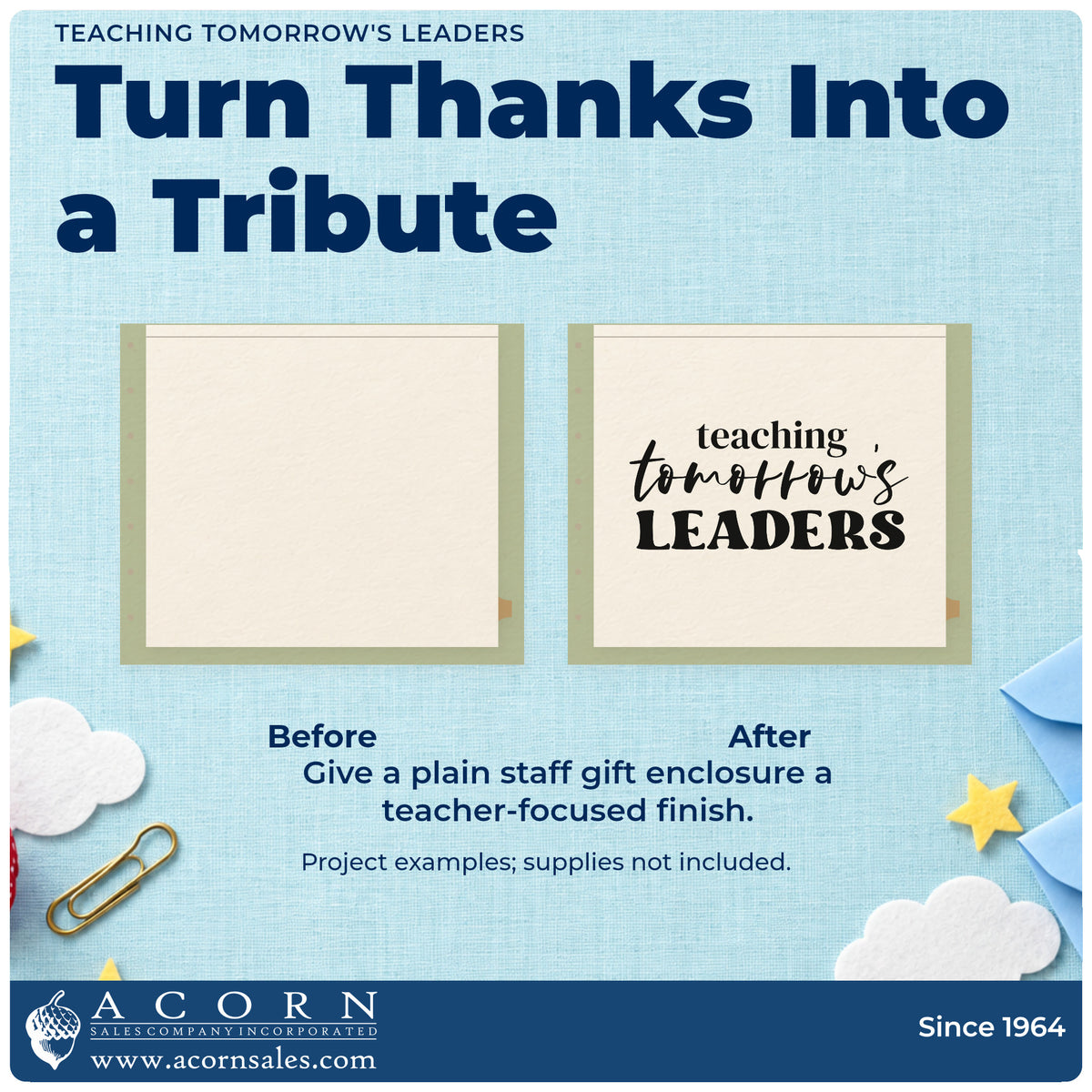 Before and after of a plain item finished with the Teaching Tomorrow's Leaders Script Lettering Pre-Inked Stamp – Slim, a quick upgrade for reference pack seals.