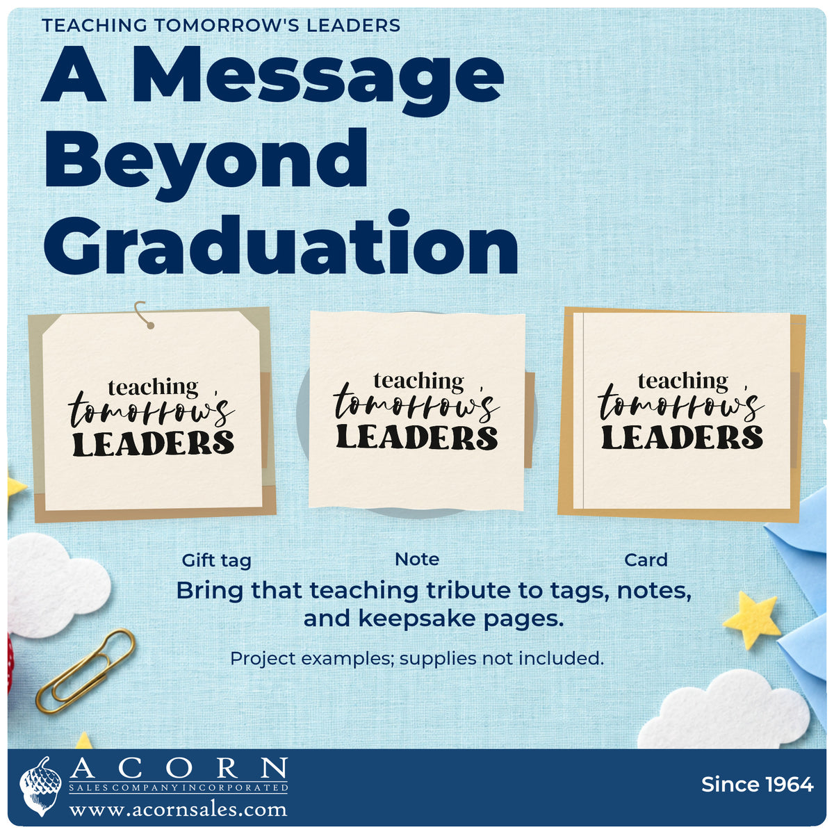 Three project examples made with the Teaching Tomorrow's Leaders Script Lettering Rubber Stamp – Wood Handle, including alumni board labels.