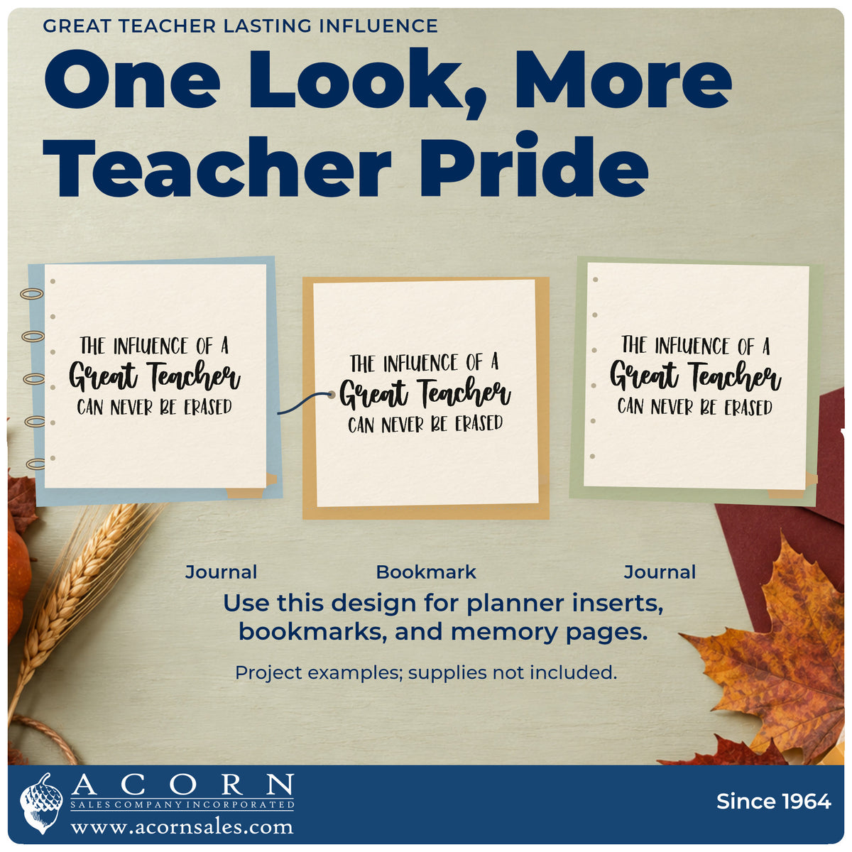 Three project examples made with the Great Teacher Lasting Influence Rubber Stamp – Duo Hand, including memory tin labels.