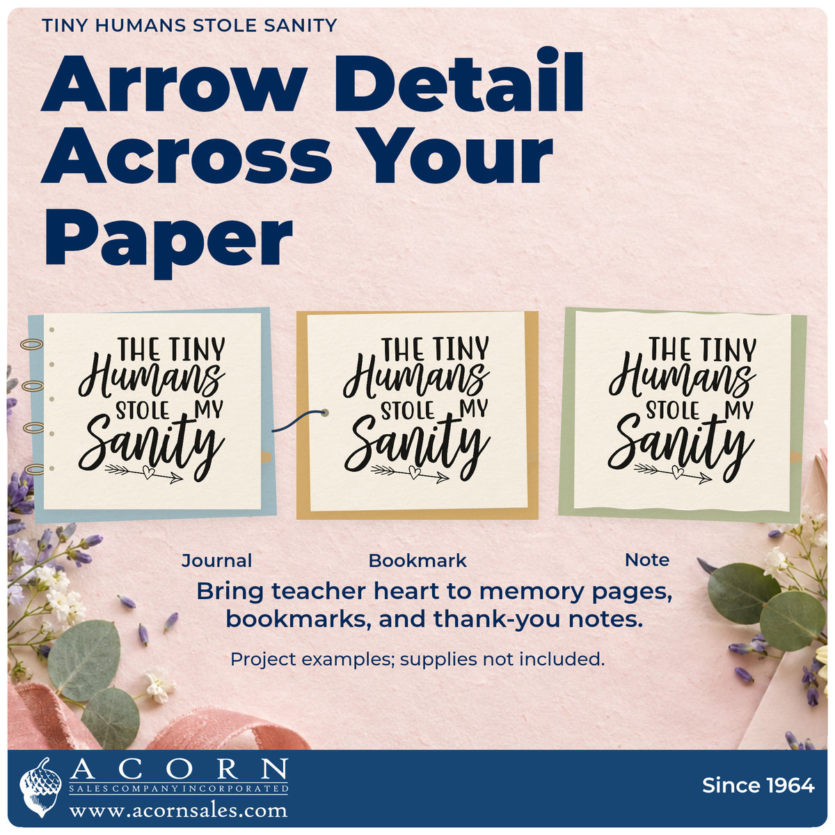 Three project examples made with the Tiny Humans Stole Sanity Pre-Inked Stamp – Slim, including coffee tin labels.
