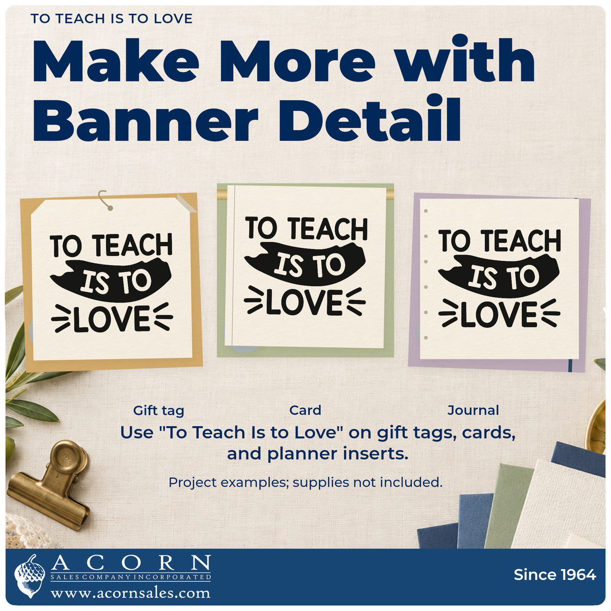 Three project examples made with the To Teach Is To Love Premium Wood-Mounted Stamp – Vintage Pro, including candle box labels.