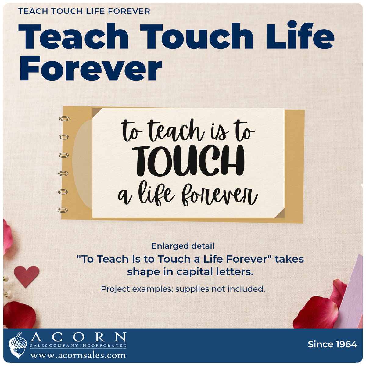 Enlarged detail of the Premium Wooden Teach Touch Life Forever Block Lettering Stamp – Vintage Pro imprint. “To Teach Is to Touch a Life Forever” highlights “Touch” in bold capitals.