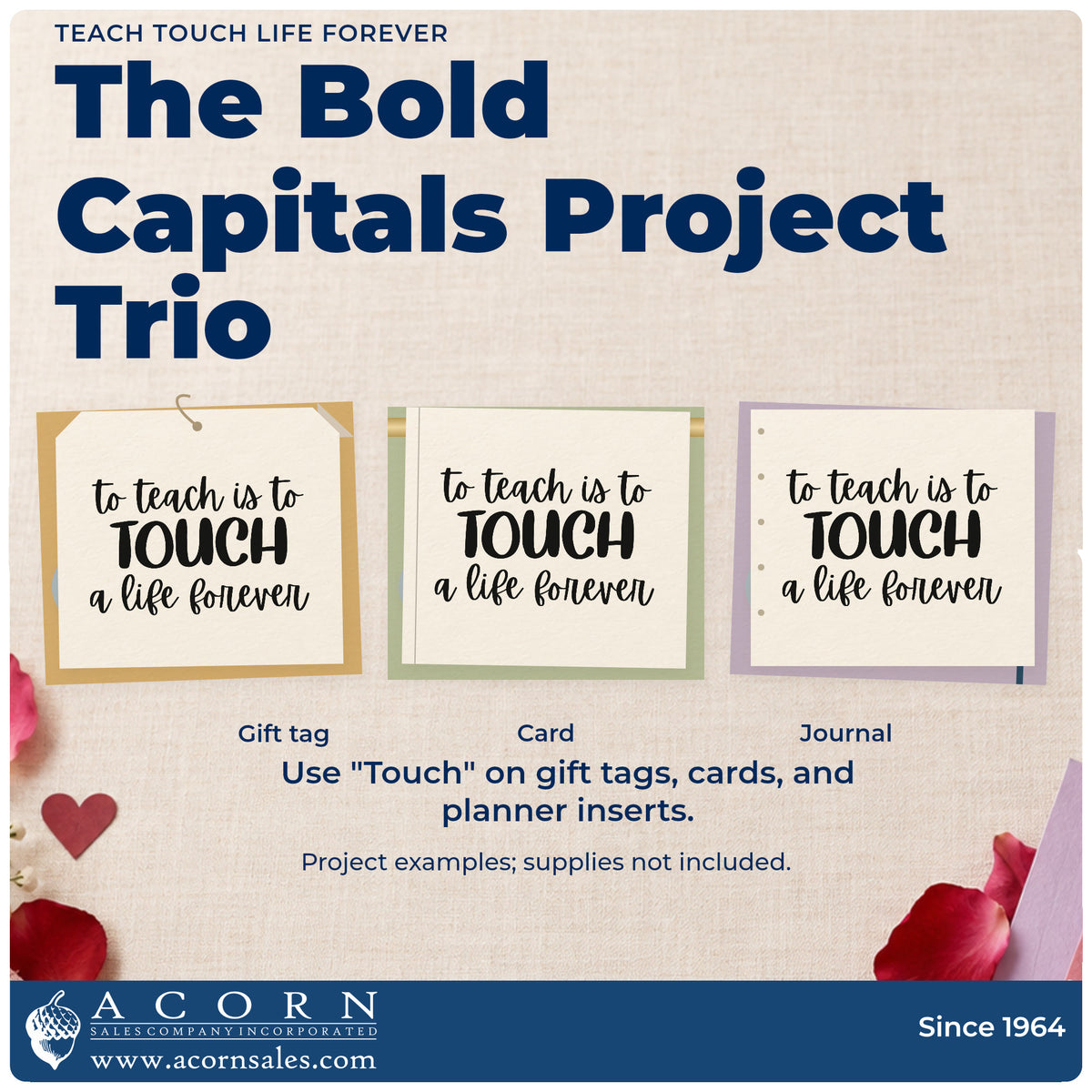 Three project examples made with the Premium Wooden Teach Touch Life Forever Block Lettering Stamp – Vintage Pro, including brick path labels.
