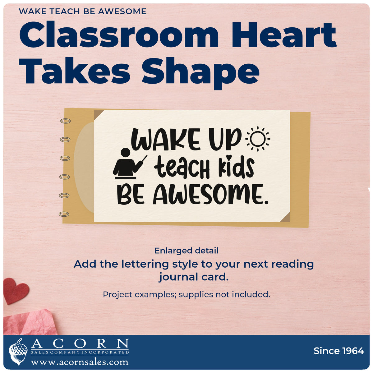 Enlarged detail of the Wake Up Teach Kids Be Awesome Self-Inking Stamp imprint. “Wake Up Teach Kids Be Awesome” appears with a sun and a teacher-at-board icon.