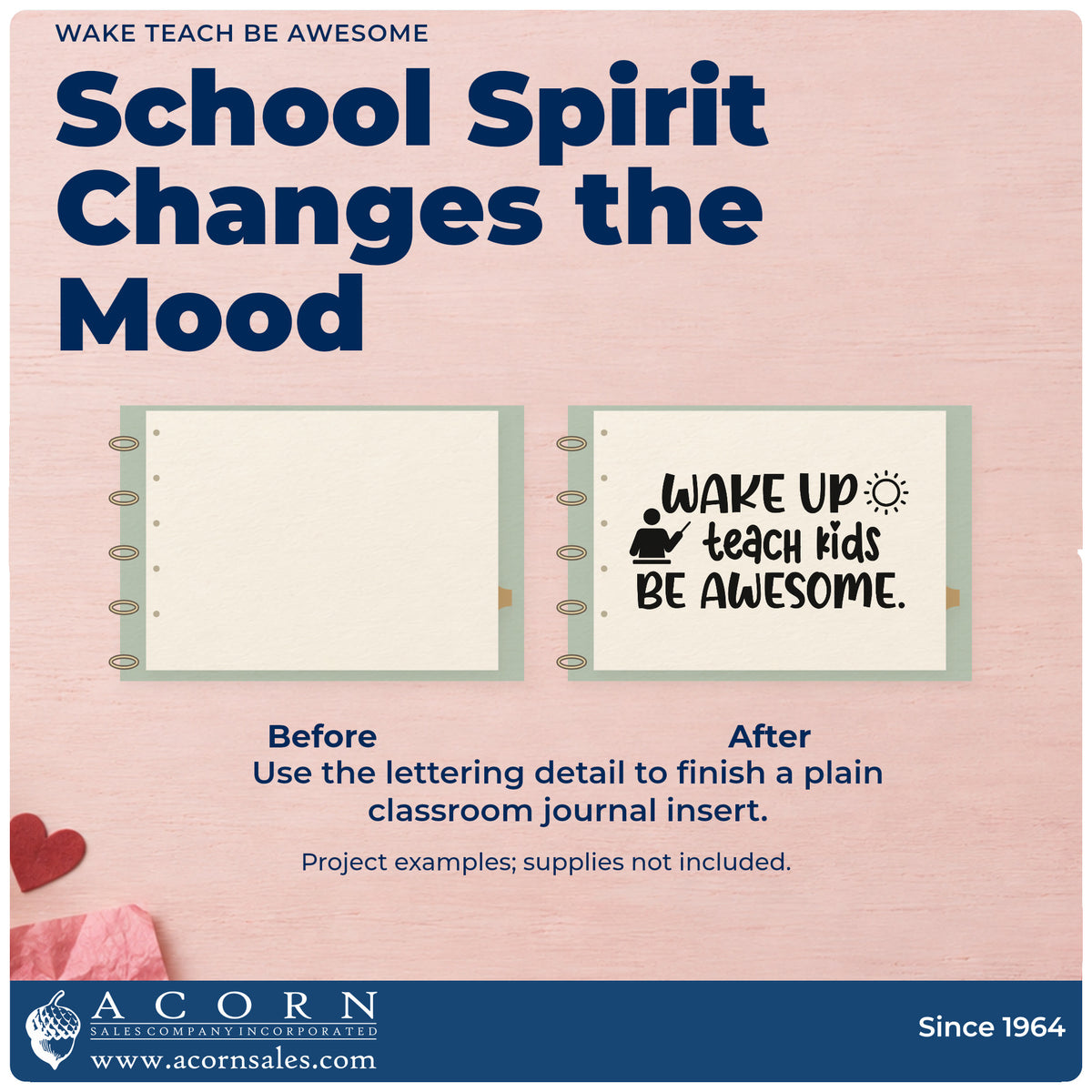 Before and after of a plain item finished with the Wake Up Teach Kids Be Awesome Premium Wooden Stamp – Vintage Pro, a quick upgrade for running vest panels.