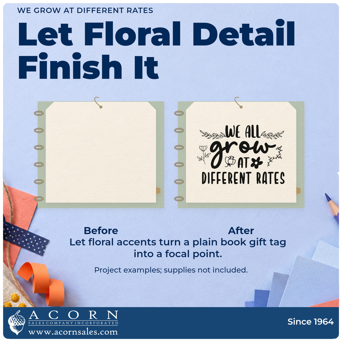 Before and after of a plain item finished with the We Grow At Different Rates Pre-Inked Stamp – Slim, a quick upgrade for review pack seals.