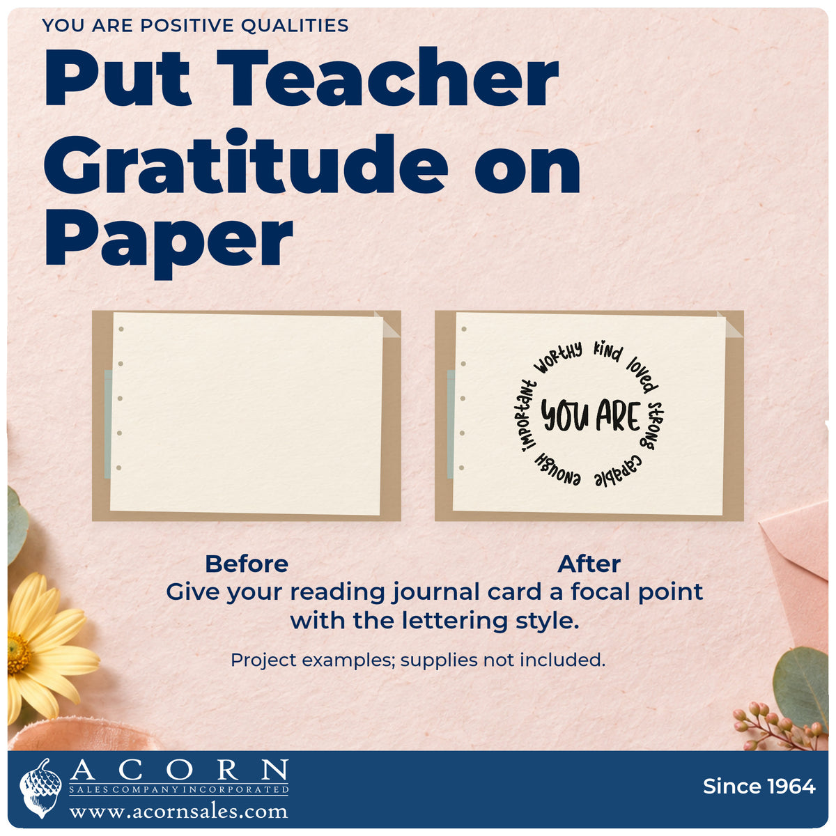 Before and after of a plain item finished with the You Are Positive Qualities Circular Layout Premium Wooden Stamp – Vintage Pro, a quick upgrade for pastoral pack seals.