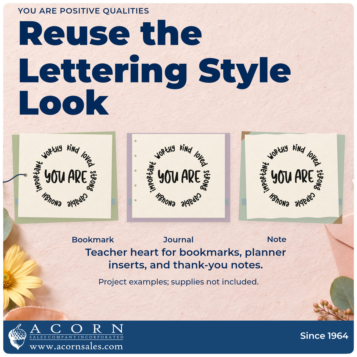 Three project examples made with the PSI Pre-Inked You Are Positive Qualities Circular Layout Stamp, including mirror decal labels.