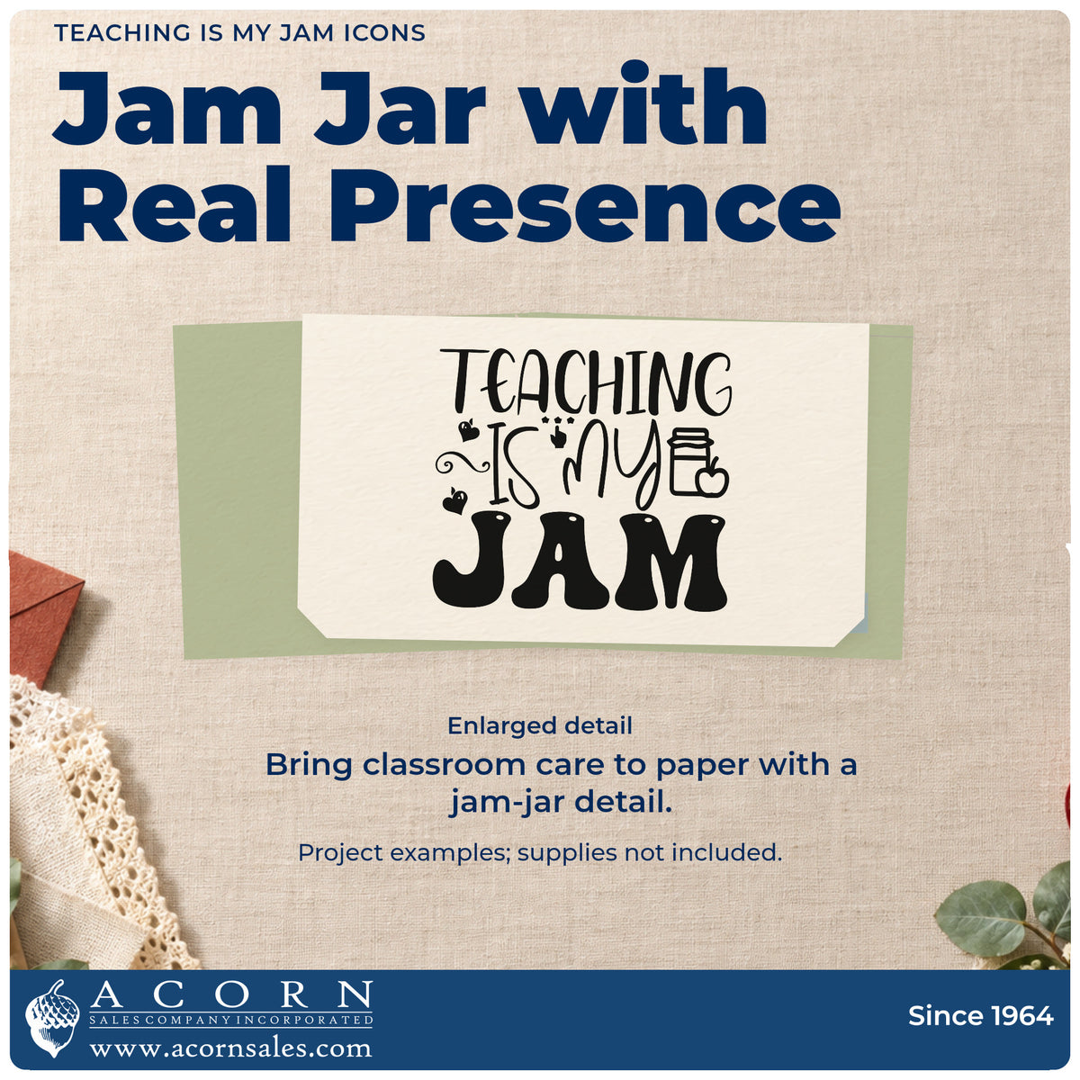 Enlarged detail of the Teaching Is My Jam Icons Apple Stamp – Premium Vintage Pro Wooden imprint. “Teaching Is My Jam” features apples and stacked books.