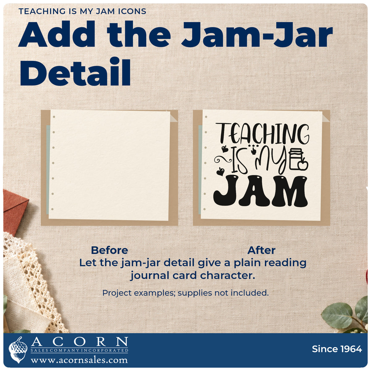 Before and after of a plain item finished with the Teaching Is My Jam Icons Apple Self-Inking Stamp, a quick upgrade for club pack seals.