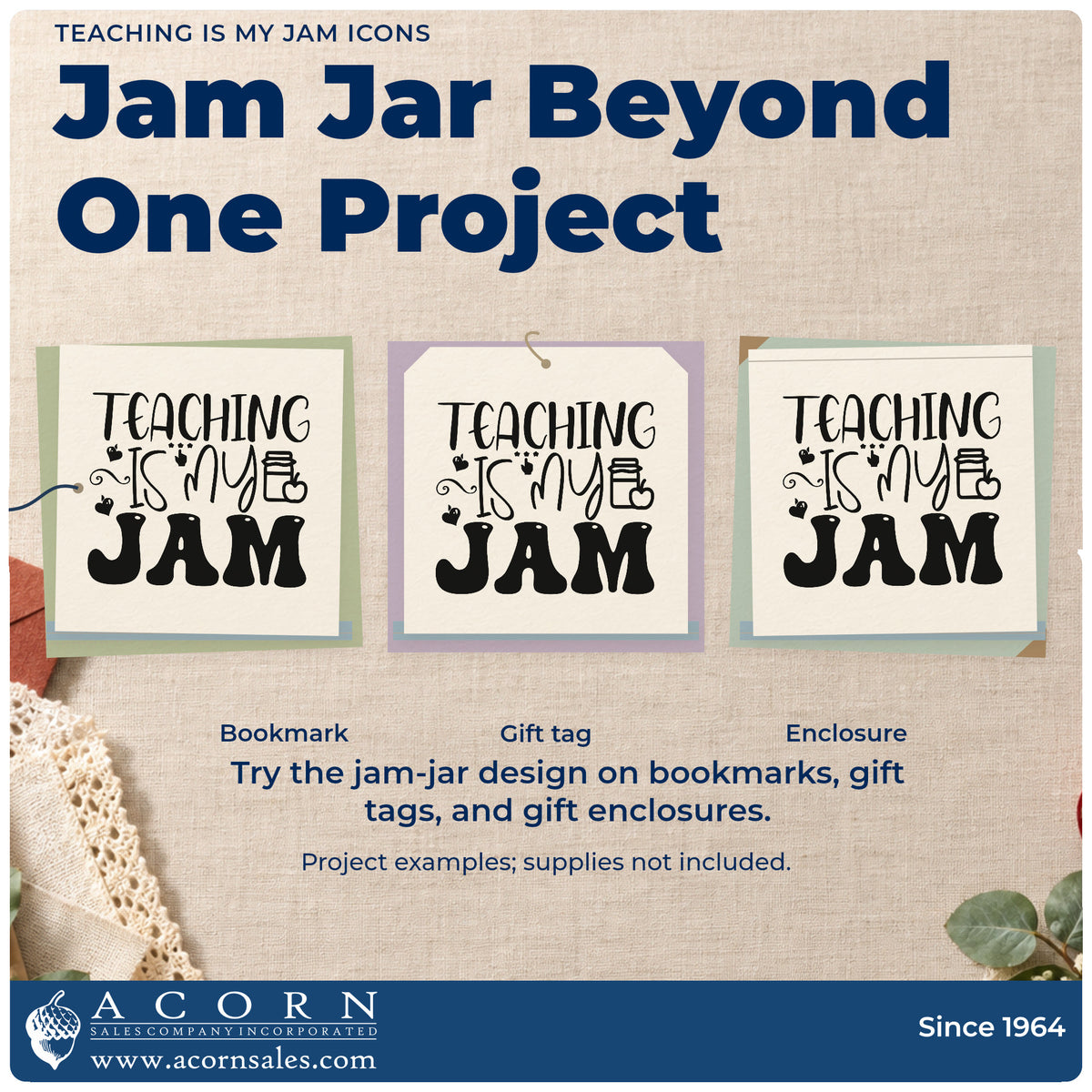 Three project examples made with the Teaching Is My Jam Icons Apple Self-Inking Stamp, including spine strip labels.