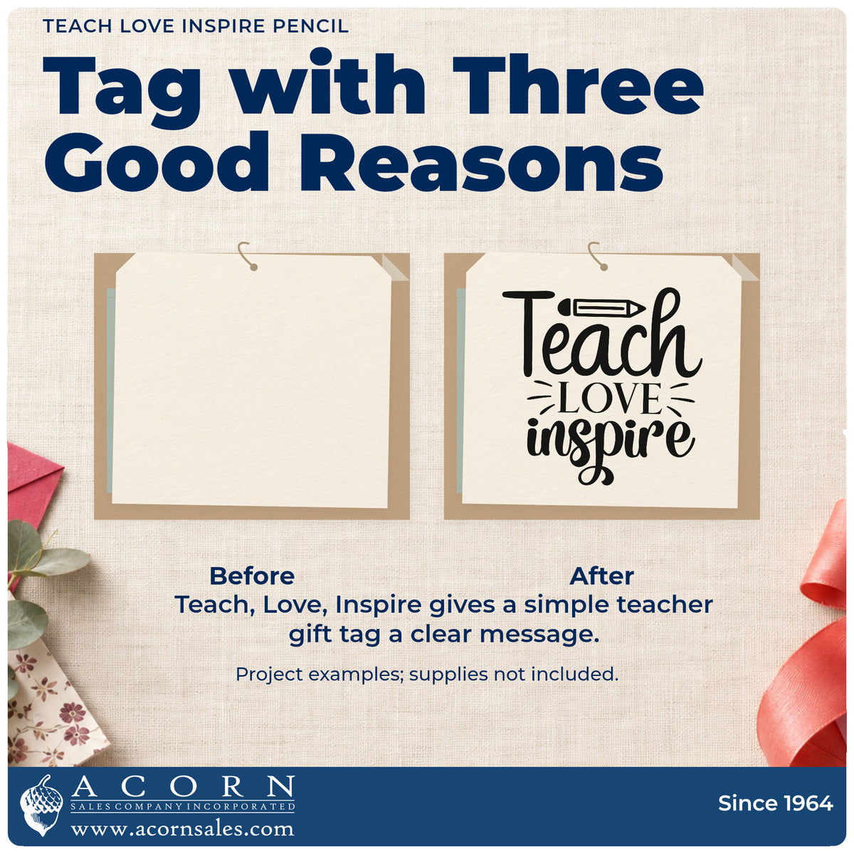Before and after of a plain item finished with the Premium Wooden Teach Love Inspire Pencil Stamp – Vintage Pro, a quick upgrade for ink bottle seals.